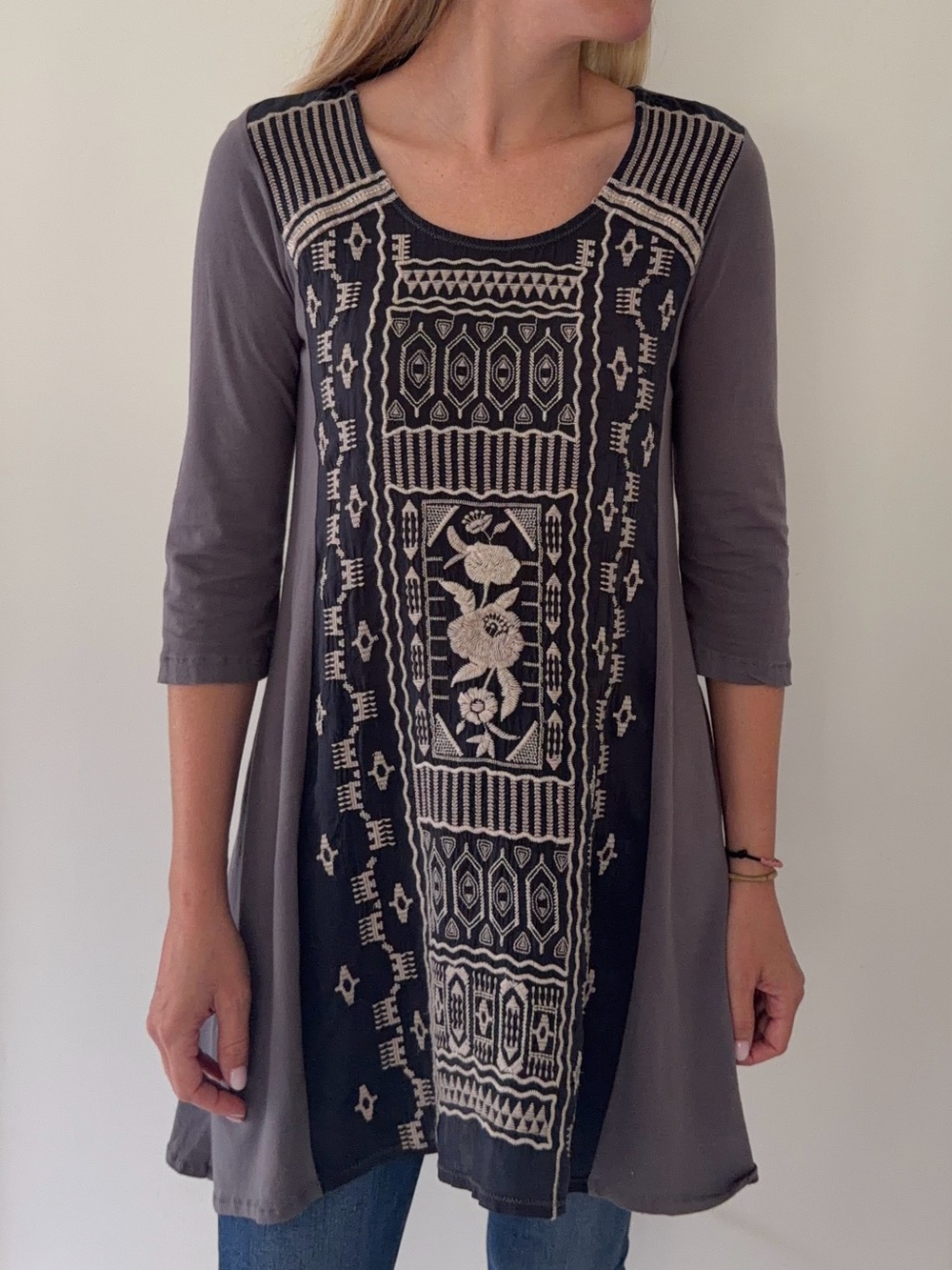 Johnny Was Embroidered Panel Long Sleeve Tunic Top - Gray